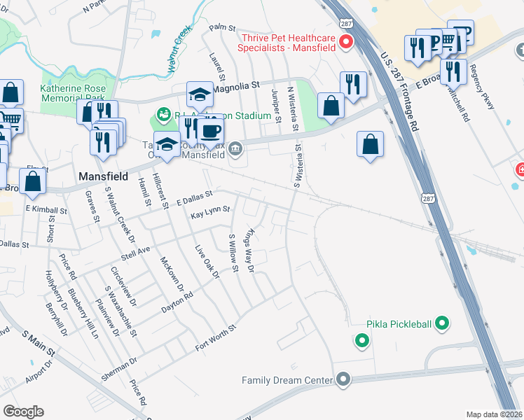 map of restaurants, bars, coffee shops, grocery stores, and more near 303 Kings Way Drive in Mansfield