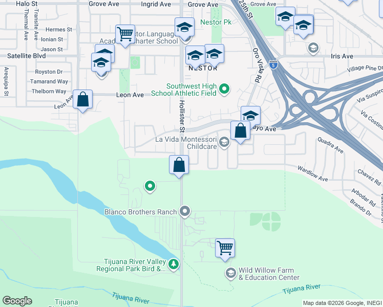 map of restaurants, bars, coffee shops, grocery stores, and more near 2369 Biola Avenue in San Diego
