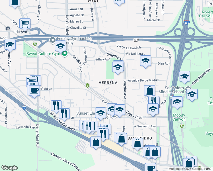 map of restaurants, bars, coffee shops, grocery stores, and more near 3774 Beyer Boulevard in San Diego