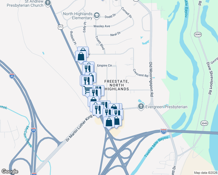 map of restaurants, bars, coffee shops, grocery stores, and more near 909 Deer Park Road in Shreveport