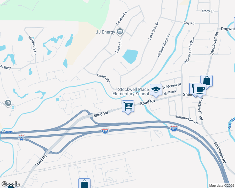 map of restaurants, bars, coffee shops, grocery stores, and more near 5430 Coach Road in Bossier City