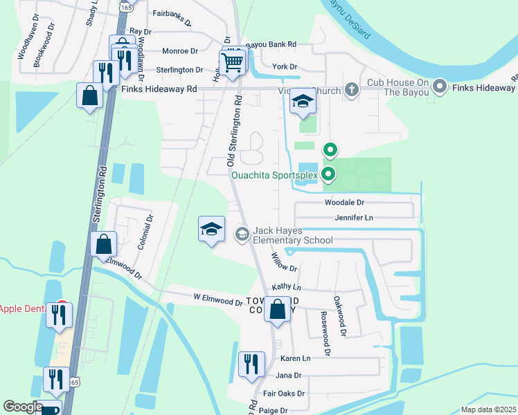 map of restaurants, bars, coffee shops, grocery stores, and more near 3750 Old Sterlington Road in Monroe