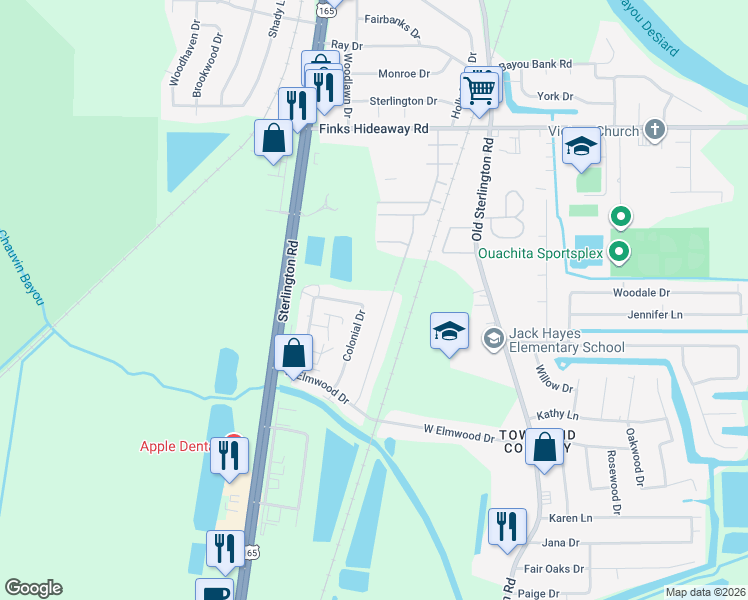 map of restaurants, bars, coffee shops, grocery stores, and more near 46 Colonial Drive in Monroe