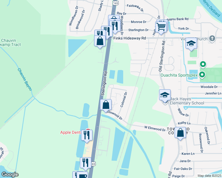map of restaurants, bars, coffee shops, grocery stores, and more near 70 Colonial Drive in Monroe