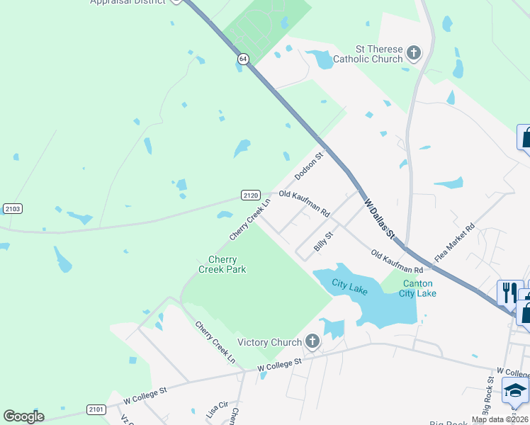 map of restaurants, bars, coffee shops, grocery stores, and more near 400 Cherry Creek Lane in Canton