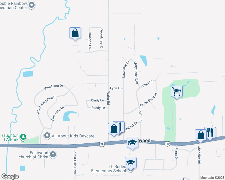 map of restaurants, bars, coffee shops, grocery stores, and more near 1187 Wafer Road in Haughton