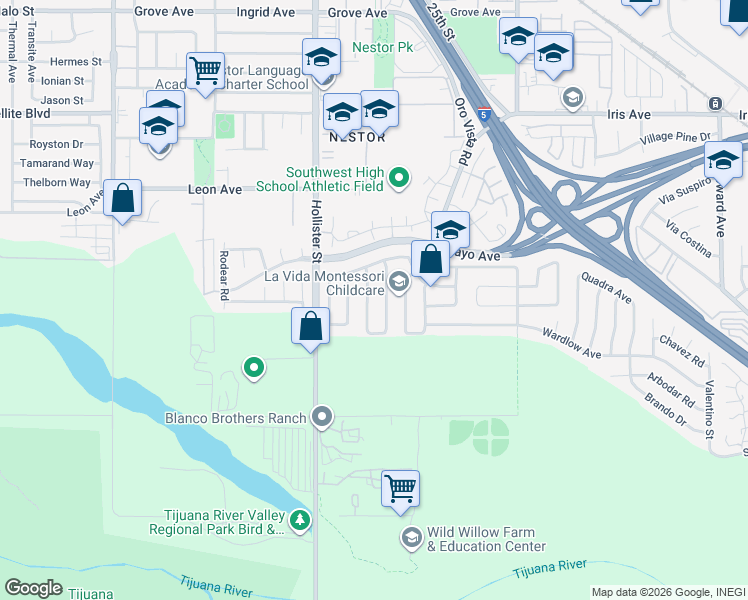 map of restaurants, bars, coffee shops, grocery stores, and more near 1845 Corbin Street in San Diego