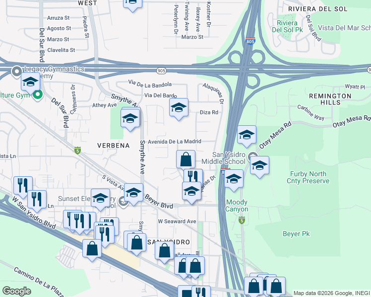 map of restaurants, bars, coffee shops, grocery stores, and more near 1856 Blando Lane in San Diego
