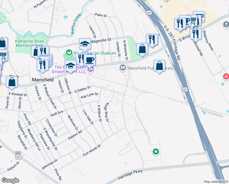 map of restaurants, bars, coffee shops, grocery stores, and more near 1310 East Dallas Street in Mansfield