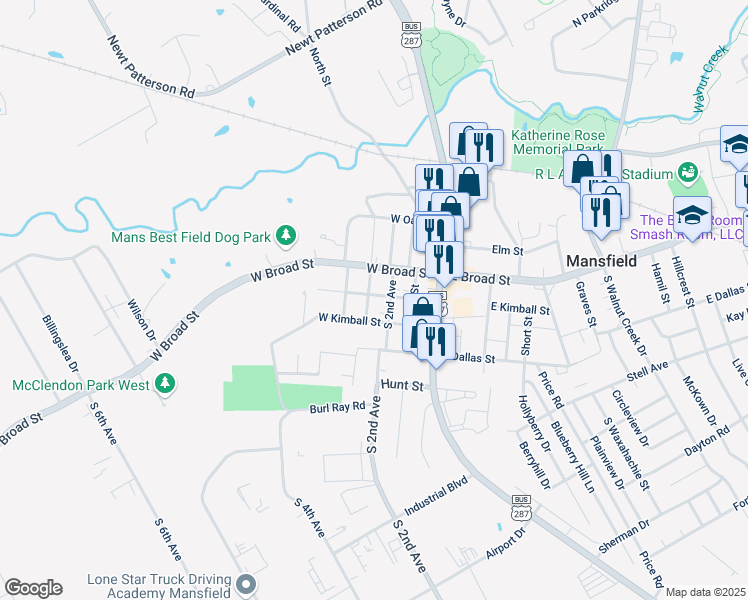 map of restaurants, bars, coffee shops, grocery stores, and more near 201 South 3rd Avenue in Mansfield