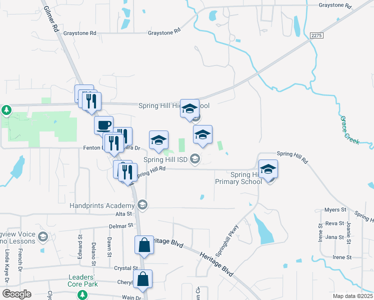 map of restaurants, bars, coffee shops, grocery stores, and more near 3101 Spring Hill Road in Longview