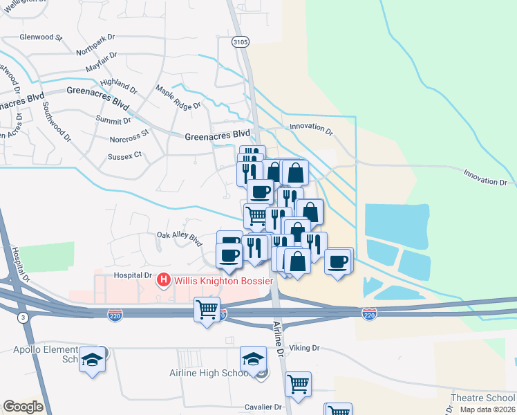 map of restaurants, bars, coffee shops, grocery stores, and more near 10 Meadow Creek Drive in Bossier City