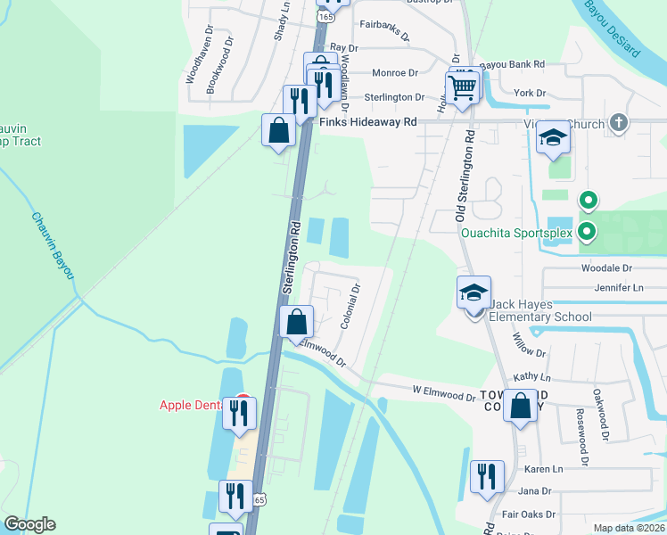 map of restaurants, bars, coffee shops, grocery stores, and more near 46 Colonial Drive in Monroe