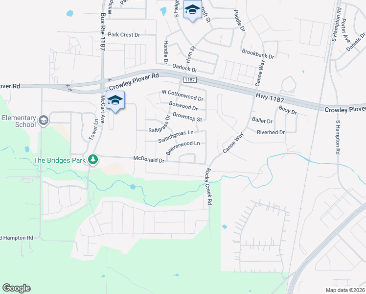 map of restaurants, bars, coffee shops, grocery stores, and more near 1141 Beaverwood Lane in Crowley