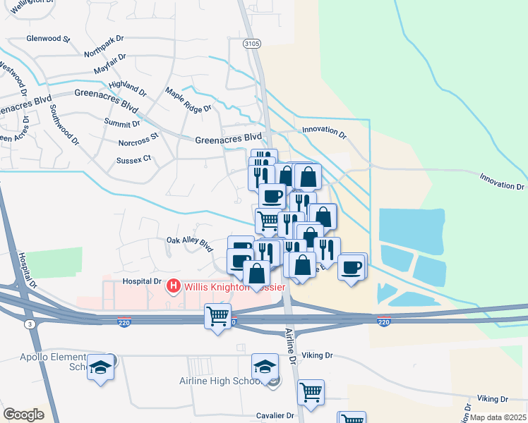 map of restaurants, bars, coffee shops, grocery stores, and more near 51 Meadow Creek Drive in Bossier City