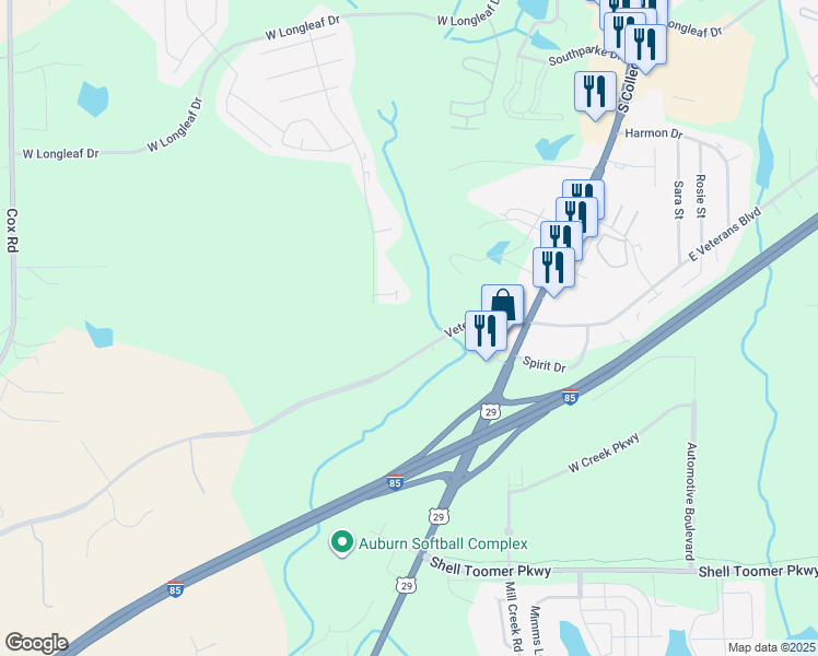 map of restaurants, bars, coffee shops, grocery stores, and more near 406 Veterans Boulevard in Auburn
