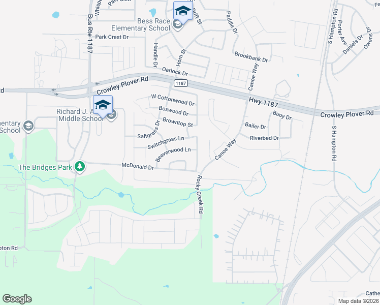 map of restaurants, bars, coffee shops, grocery stores, and more near 1109 Beaverwood Lane in Crowley