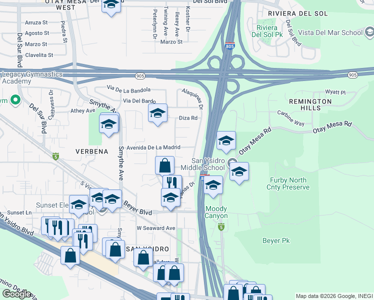 map of restaurants, bars, coffee shops, grocery stores, and more near 2 Avenida De La Madrid in San Diego
