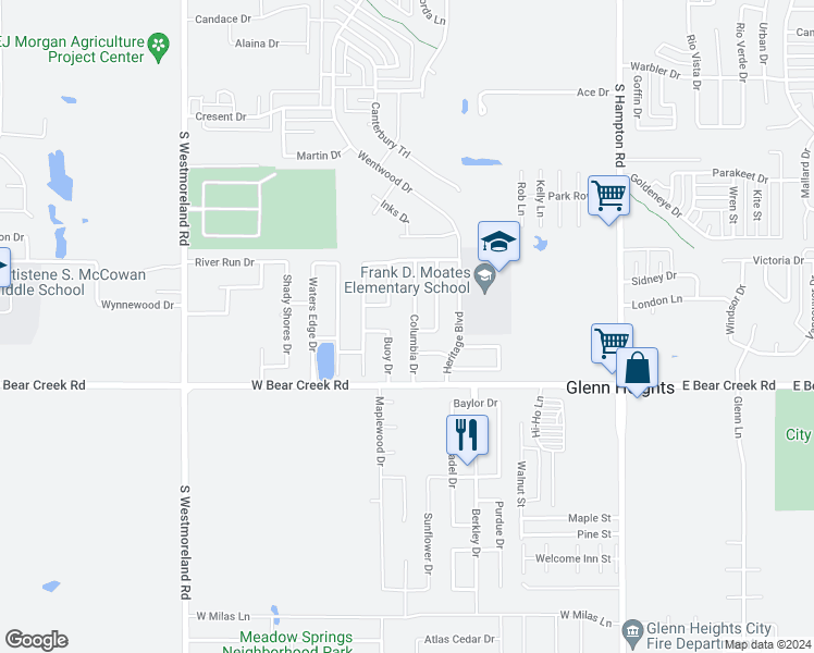 map of restaurants, bars, coffee shops, grocery stores, and more near 1525 Columbia Drive in Glenn Heights