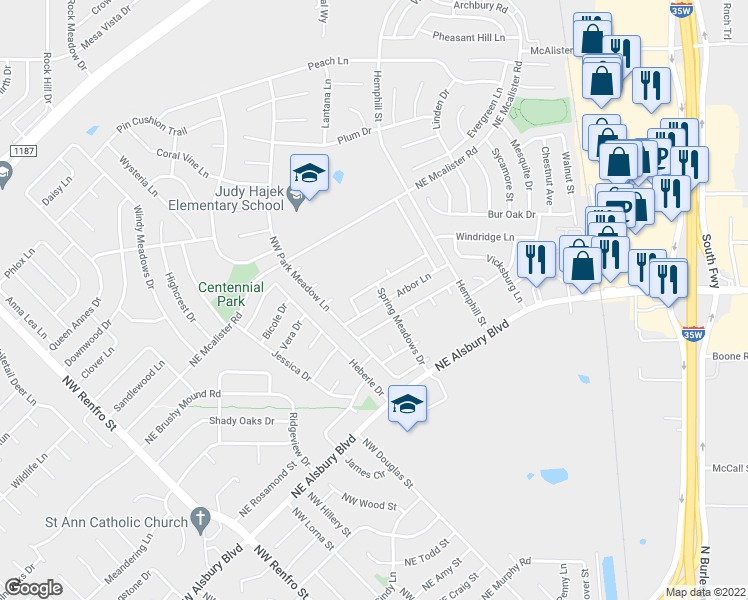 map of restaurants, bars, coffee shops, grocery stores, and more near 525 Arbor Lane in Burleson