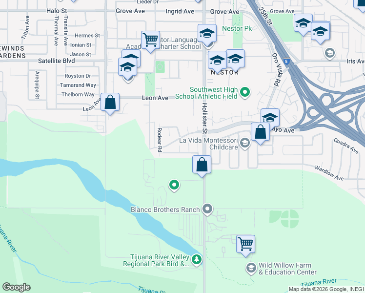 map of restaurants, bars, coffee shops, grocery stores, and more near 1735 Simpatico Court in San Diego