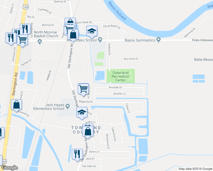 map of restaurants, bars, coffee shops, grocery stores, and more near 311 Woodale Drive in Monroe