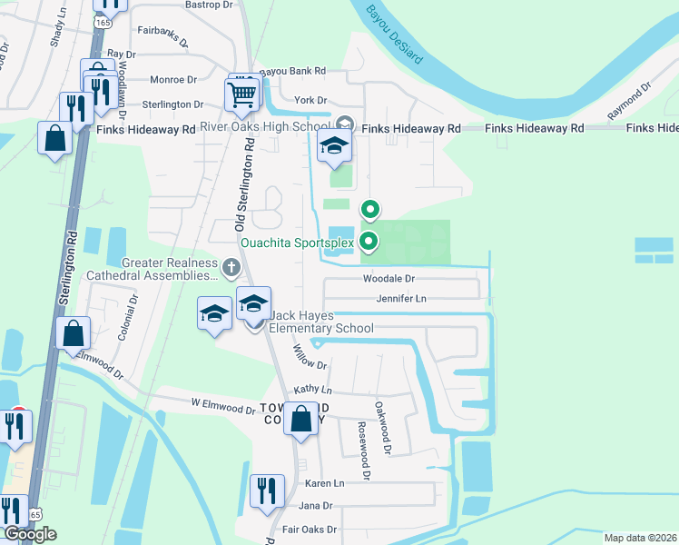 map of restaurants, bars, coffee shops, grocery stores, and more near 301 Woodale Drive in Monroe