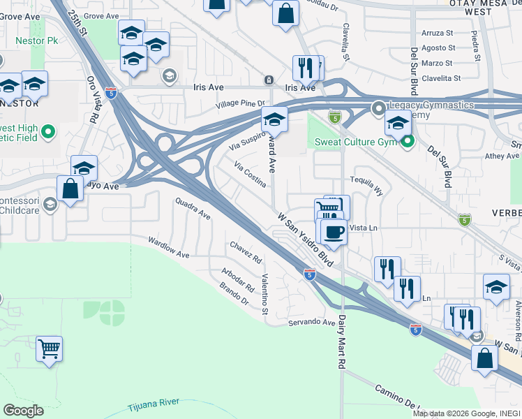 map of restaurants, bars, coffee shops, grocery stores, and more near 1180 West San Ysidro Boulevard in San Diego