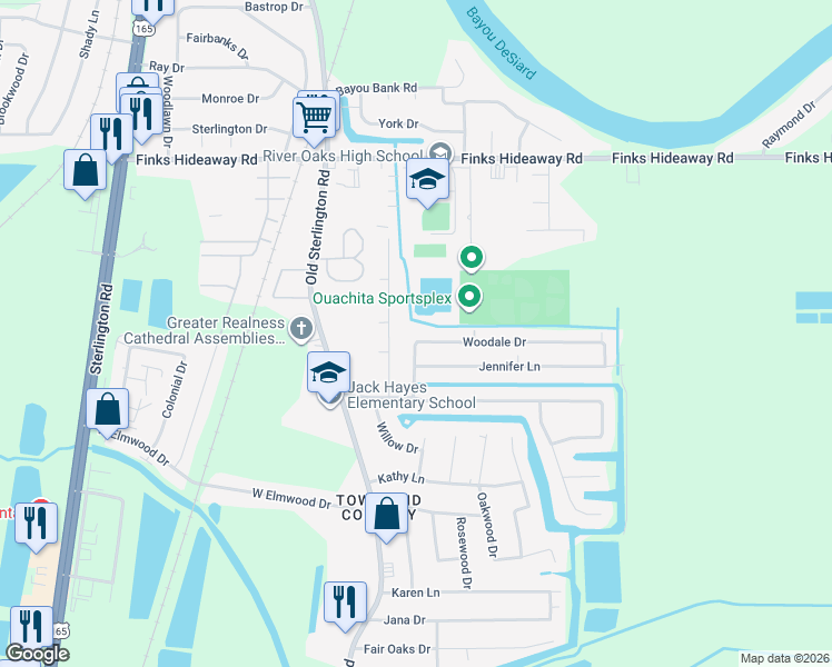 map of restaurants, bars, coffee shops, grocery stores, and more near 301 Woodale Drive in Monroe