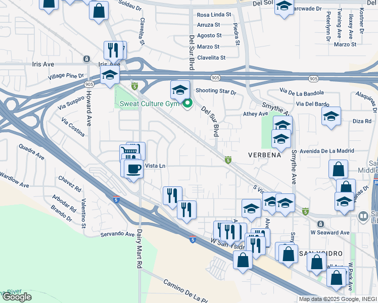 map of restaurants, bars, coffee shops, grocery stores, and more near 3444 Corte Loro in San Diego
