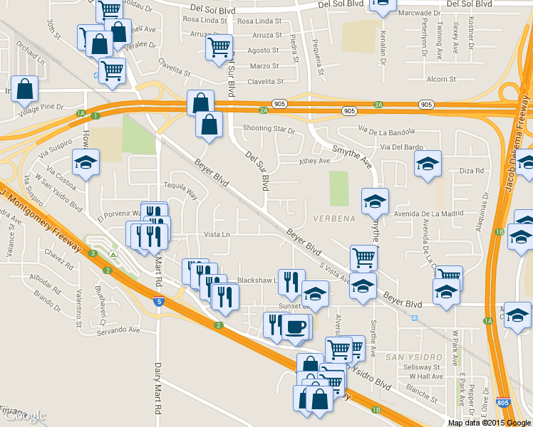 map of restaurants, bars, coffee shops, grocery stores, and more near 1901 Del Sur Boulevard in San Diego
