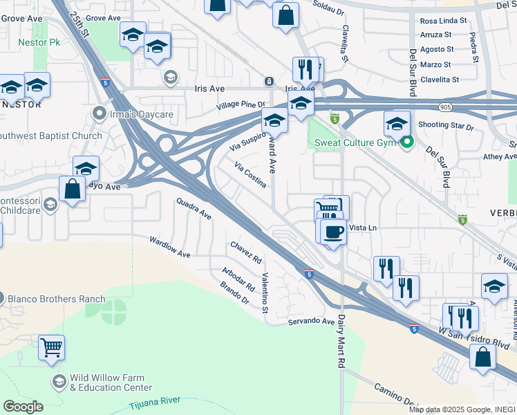 map of restaurants, bars, coffee shops, grocery stores, and more near 1181 West San Ysidro Boulevard in San Diego