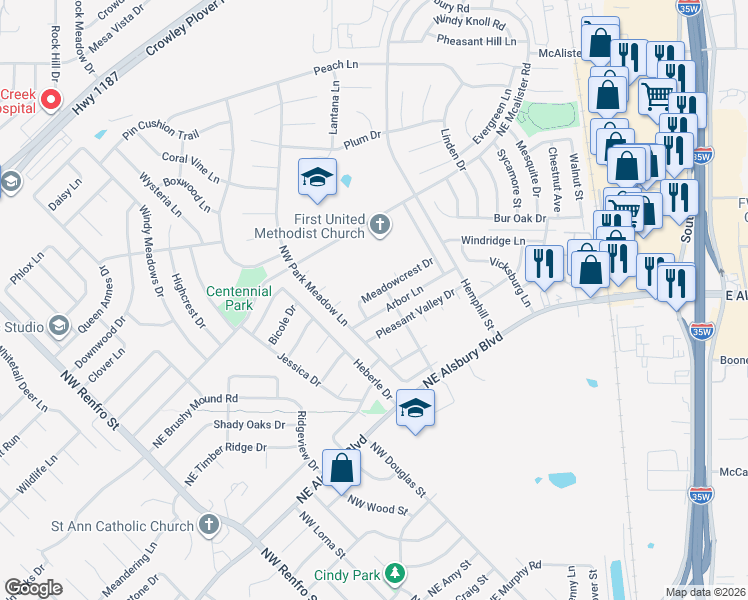 map of restaurants, bars, coffee shops, grocery stores, and more near 520 Meadowcrest Drive in Burleson