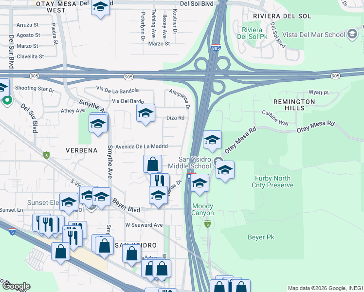 map of restaurants, bars, coffee shops, grocery stores, and more near 2 Avenida De La Madrid in San Diego