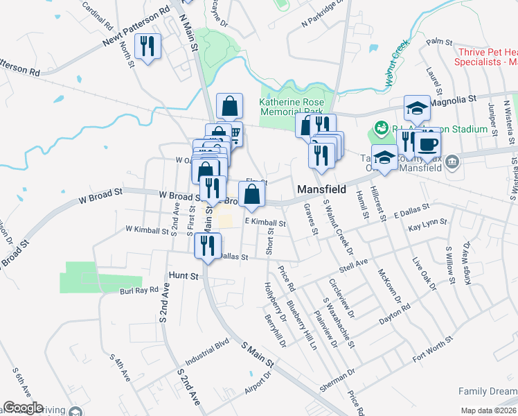 map of restaurants, bars, coffee shops, grocery stores, and more near 403 East Broad Street in Mansfield