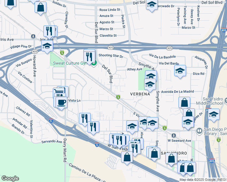 map of restaurants, bars, coffee shops, grocery stores, and more near 1901 Del Sur Boulevard in San Diego