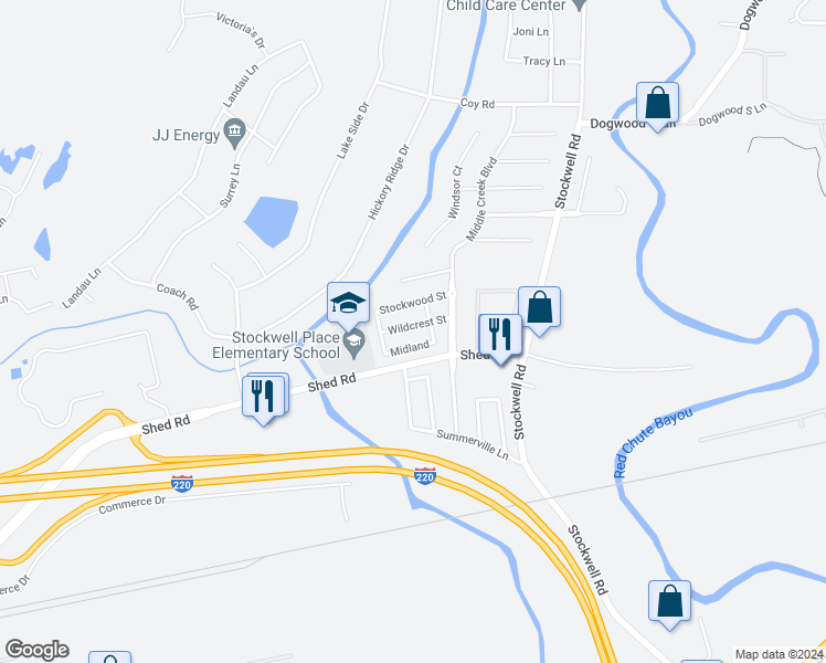 map of restaurants, bars, coffee shops, grocery stores, and more near 5910 Wildcrest Street in Bossier City