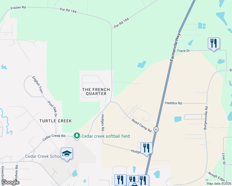 map of restaurants, bars, coffee shops, grocery stores, and more near 2120 Cedar Creek Road in Ruston