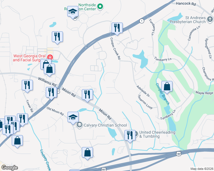 map of restaurants, bars, coffee shops, grocery stores, and more near 1024 Ruth Creek Court in Columbus