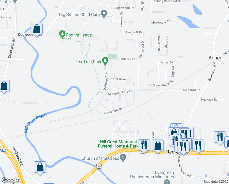 map of restaurants, bars, coffee shops, grocery stores, and more near 811 Applewood Trail in Haughton