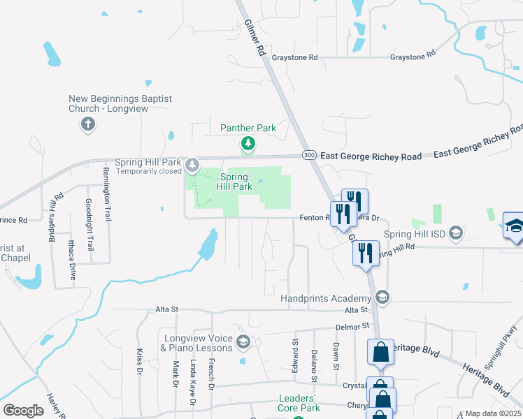 map of restaurants, bars, coffee shops, grocery stores, and more near 400 Fenton Road in Longview