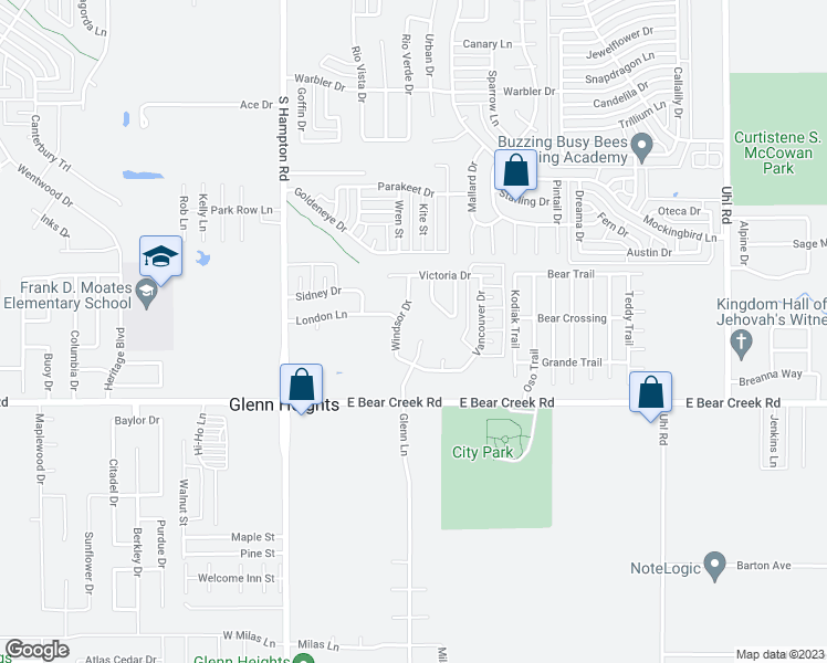 map of restaurants, bars, coffee shops, grocery stores, and more near 1515 Glenn Lane in Glenn Heights