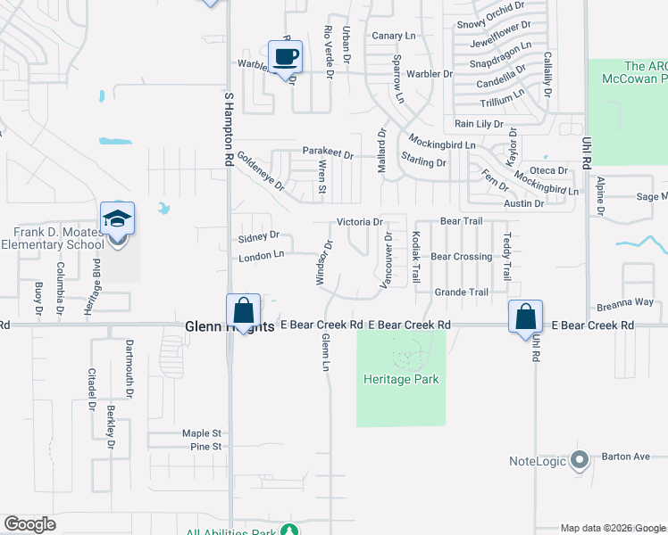 map of restaurants, bars, coffee shops, grocery stores, and more near 1512 Windsor Drive in Red Oak