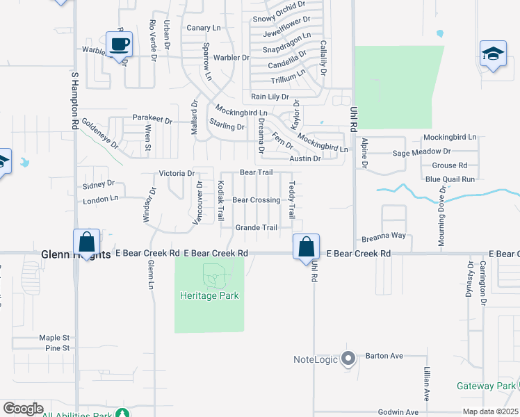 map of restaurants, bars, coffee shops, grocery stores, and more near 1520 Grizzly Trail in Red Oak
