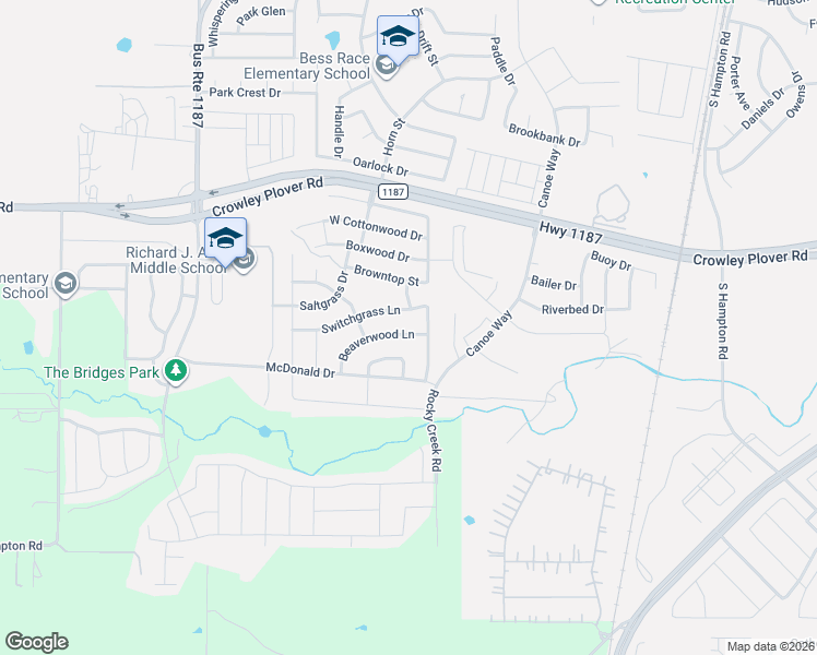 map of restaurants, bars, coffee shops, grocery stores, and more near 1109 Switchgrass Lane in Crowley