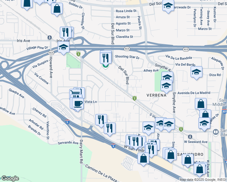 map of restaurants, bars, coffee shops, grocery stores, and more near 1736 Via Del Tanido in San Diego