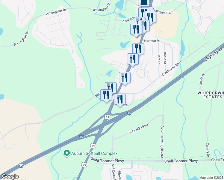 map of restaurants, bars, coffee shops, grocery stores, and more near 106 Veterans Boulevard in Auburn