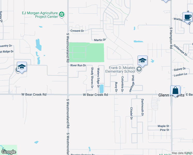 map of restaurants, bars, coffee shops, grocery stores, and more near 1514 Shady Shores Drive in Glenn Heights