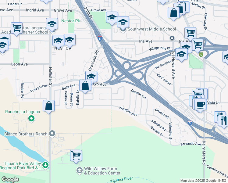 map of restaurants, bars, coffee shops, grocery stores, and more near 1841 International Road in San Diego