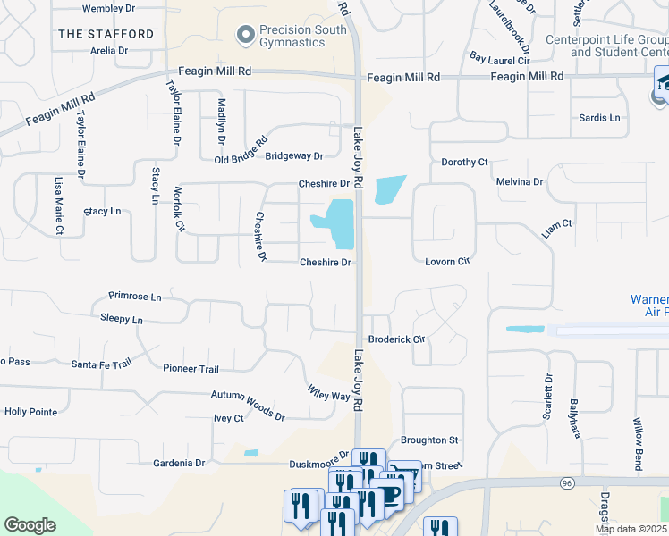 map of restaurants, bars, coffee shops, grocery stores, and more near 107 Cheshire Drive in Warner Robins